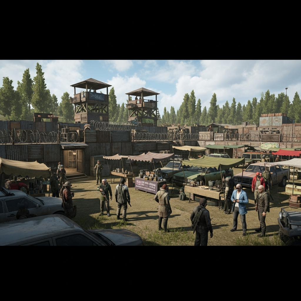 Ein fotorealistischer Screenshot eines DayZ-Servers mit mehreren Spielern in RP-Kleidung vor einer selbstgebauten Basis in Chernarus, im Hintergrund ein Marktplatz mit Händler-Ständen und Fahrzeugen, atmosphärisches Tageslicht