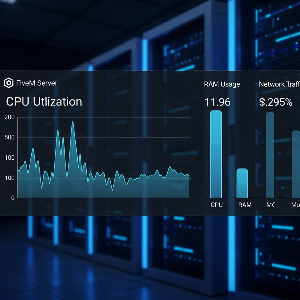 Ein fotorealistischer Screenshot eines modernen Server-Control-Panels mit dunklem Theme, auf dem die CPU-Auslastung eines FiveM-Servers in Echtzeit angezeigt wird, daneben ein Balkendiagramm für RAM-Nutzung und Netzwerk-Traffic, im Hintergrund ein stilisierter Serverraum mit blau leuchtenden Racks