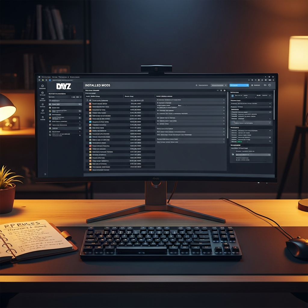 Ein professionelles Setup eines DayZ-Server-Admin-Panels auf einem modernen Monitor, sichtbar sind Mod-Listen, Spieler-Logs und Whitelist-Verwaltung, neben der Tastatur liegt ein Notizbuch mit RP-Regeln, warmes Bürolicht