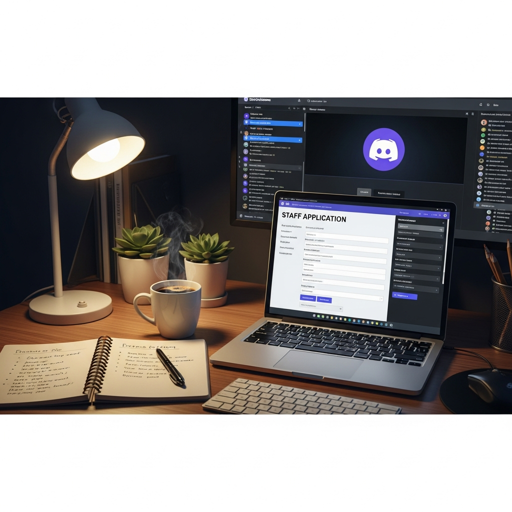 Formulaire de candidature staff affiché sur un écran d'ordinateur portable, interface Discord en arrière-plan, notes manuscrites sur un carnet à côté, café fumant, bureau organisé, lumière tamisée de bureau, rendu photoréaliste et professionnel