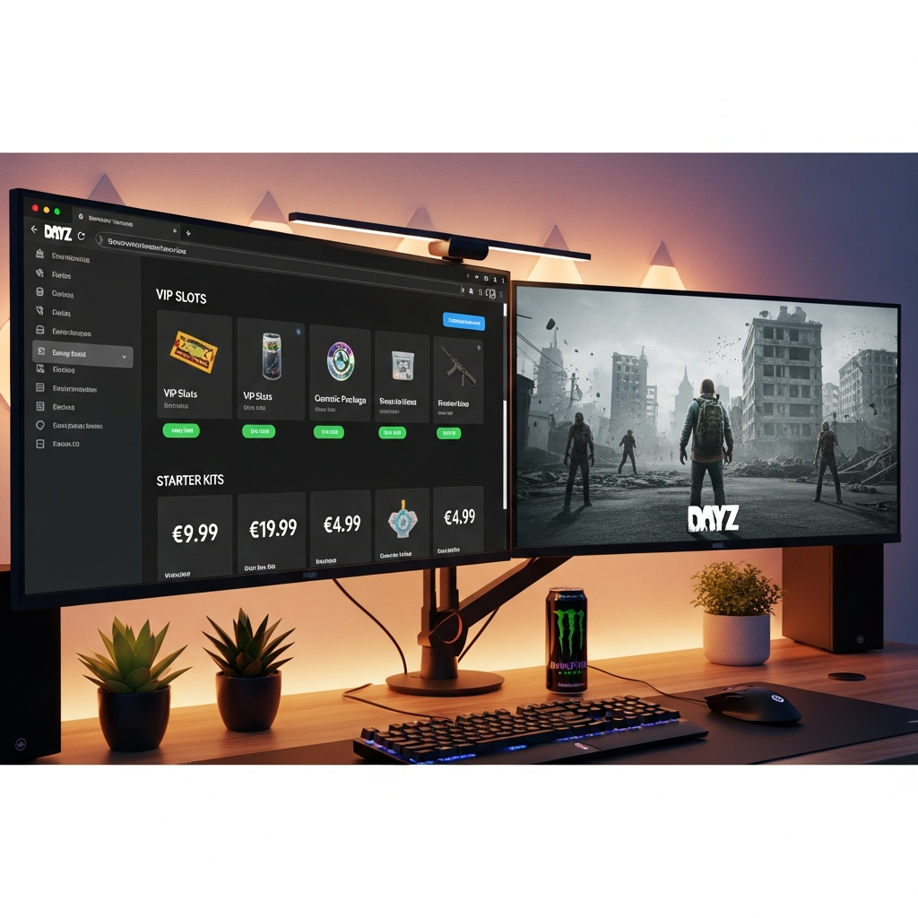 Fotorealistische 3D-Darstellung eines modernen Donation-Shop-Interfaces für einen DayZ-Server, geöffnet im Browser auf einem Gaming-Setup, sichtbar verschiedene Item-Kategorien wie VIP-Slots, Cosmetic-Pakete und Starter-Kits mit ansprechenden Icons und Preis-Tags in Euro, im Hintergrund DayZ-Gameplay auf einem zweiten Monitor, warmes LED-Licht, professioneller Gamer-Desk mit Pflanzen und Energy-Drink