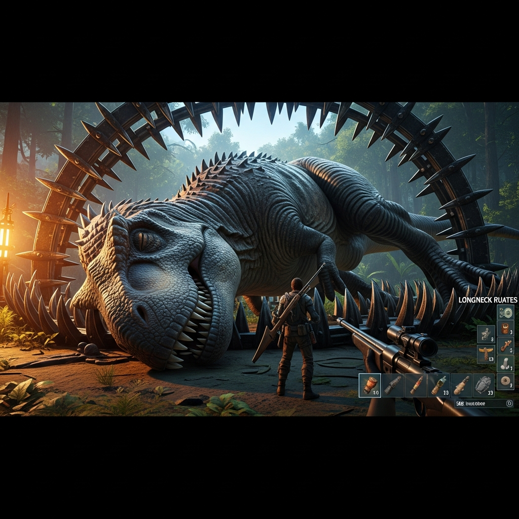 Fotorealistische Aufnahme eines bewusstlosen Giganotosaurus in einer Metallfalle aus Behemoth-Gates, Spieler steht daneben mit Longneck Rifle, Inventory-UI sichtbar, dramatische Beleuchtung
