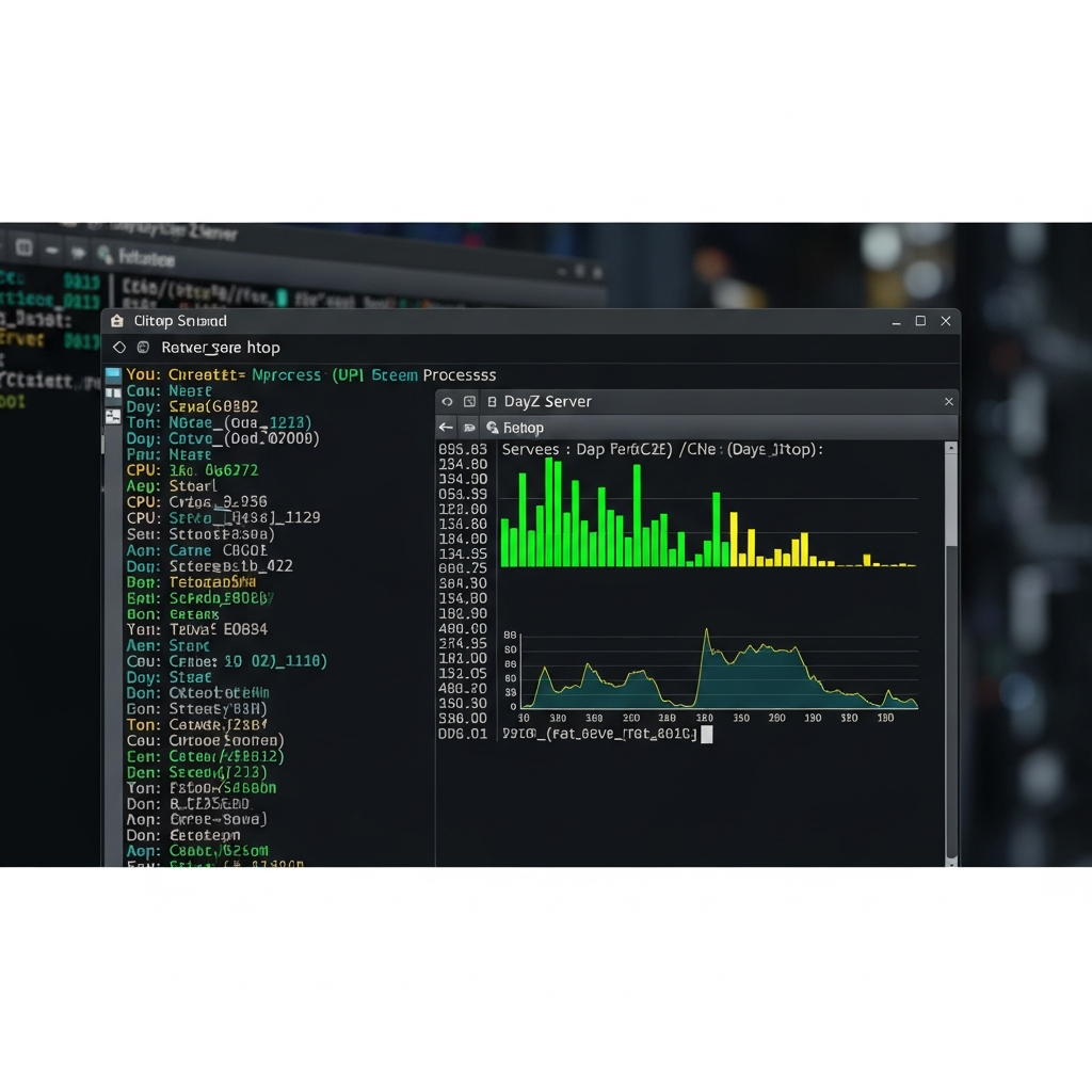 Fotorealistische Darstellung eines Linux-Terminal-Fensters mit laufenden DayZ-Server-Prozessen, sichtbare CPU- und RAM-Auslastungsdiagramme in htop, grüne und gelbe Balken, dunkler Terminal-Hintergrund, professionelle Server-Administration-Szene mit mehreren Konsolen-Tabs