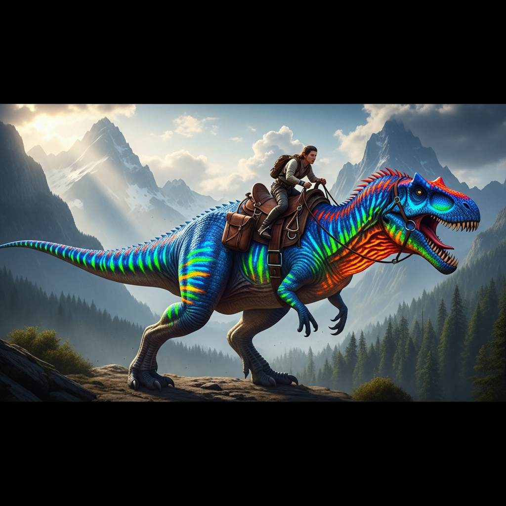 Fotorealistische Darstellung eines voll ausgewachsenen, gesattelten Giganotosaurus mit leuchtenden Mutations-Farben, Spieler reitet darauf, epischer Landschaftshintergrund mit Bergen und Wald