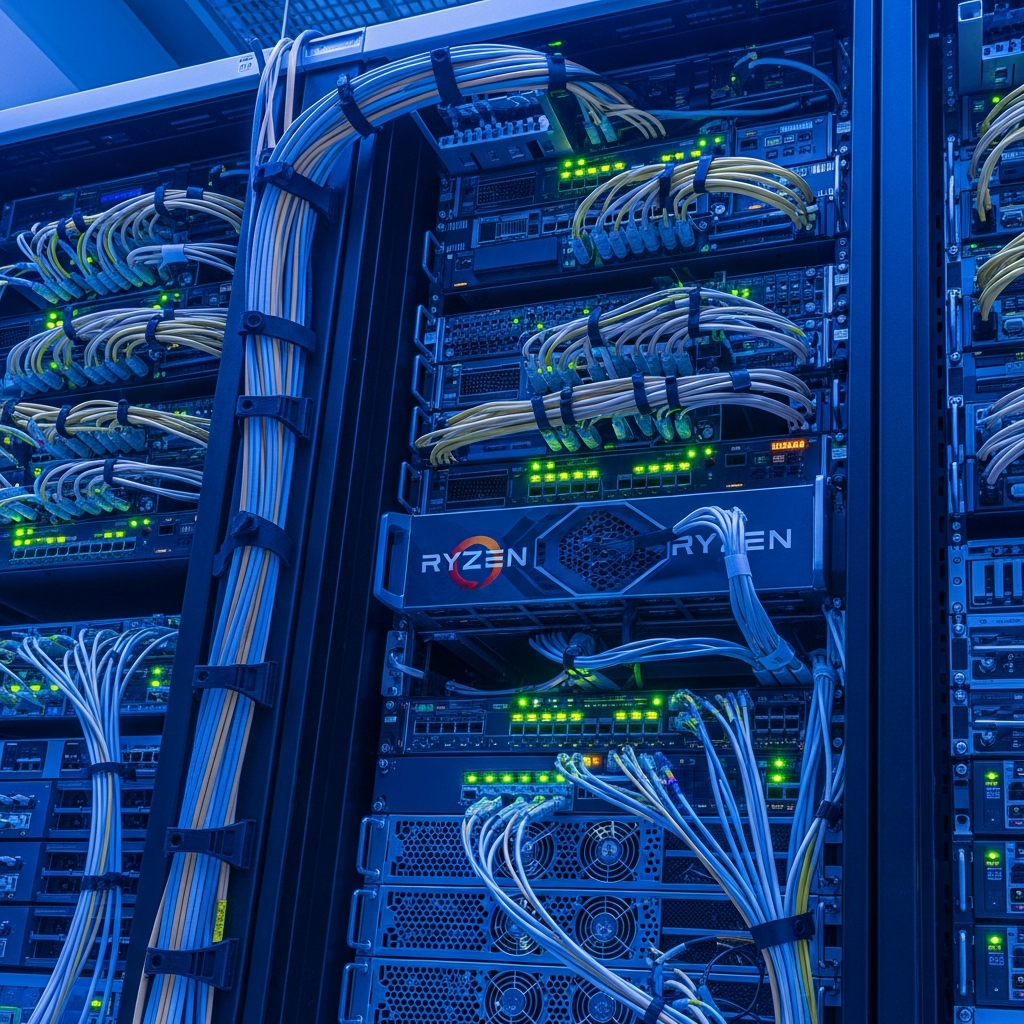 Fotorealistische Nahaufnahme eines Server-Racks in einem professionellen Rechenzentrum, moderne Hardware mit leuchtenden Status-LEDs, sichtbare Beschriftung „AMD Ryzen", Netzwerkkabel und Lüftungssysteme, kühle blaue Beleuchtung, technisches Highend-Ambiente