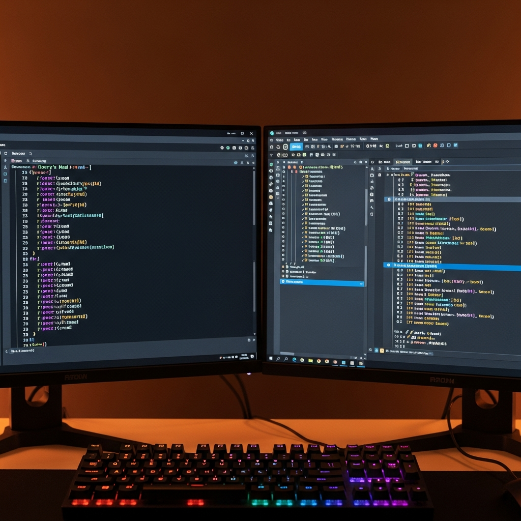 Fotorealistische Nahaufnahme zweier Side-by-Side-Monitore in einem modernen Gaming-Setup, linker Bildschirm zeigt Garry's Mod Lua-Code in einem einfachen Editor mit dunklem Theme, rechter Monitor zeigt S&Box C#-Code in Visual Studio mit farbigem Syntax-Highlighting und Debugger-Fenstern, mechanische RGB-Tastatur im Vordergrund, warmes Studiolicht