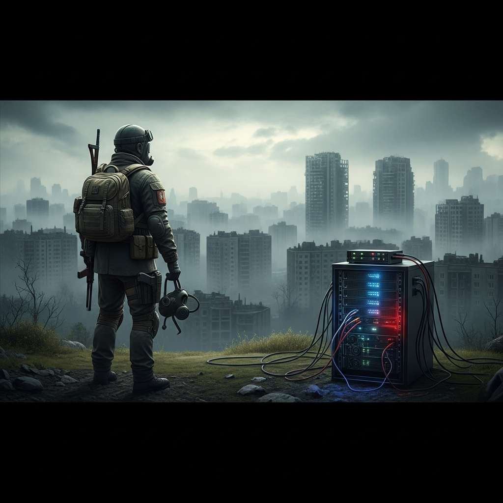 Fotorealistische Szene eines DayZ-Charakters in taktischer Ausrüstung, der auf einem Hügel steht und auf eine verlassene Stadt mit Hochhäusern blickt, düstere Atmosphäre mit Nebel, im Vordergrund ein moderner Gaming-Server-Rack mit blinkenden LEDs, 4K-Grafik, Cinematic-Look