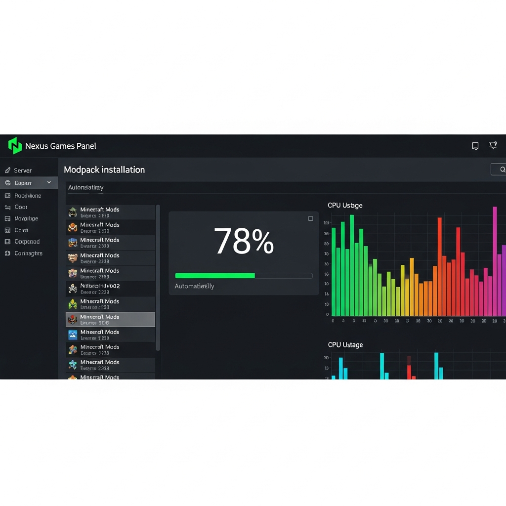 Fotorealistischer Bildschirm eines Minecraft-Servers während der Modpack-Installation im Nexus Games Panel, zeigt Fortschrittsbalken bei 78 %, Mod-Liste scrollt automatisch durch, rechts CPU-Auslastung von 16 Kernen visualisiert als farbige Balken, alles in modernem Dark-Mode-UI mit grünen Akzenten