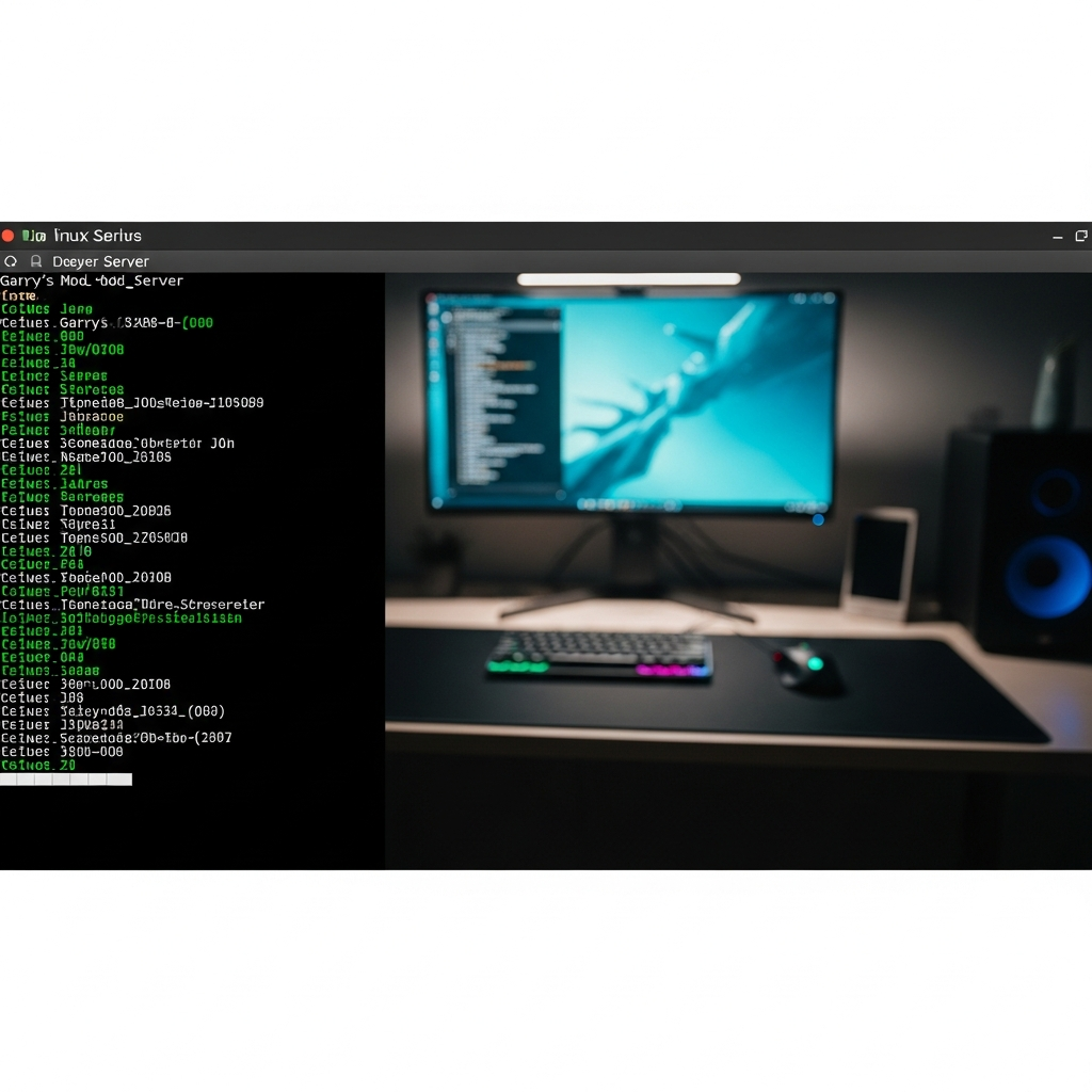Fotorealistischer Screenshot einer Linux-Terminal-Konsole mit laufendem Garry's Mod Server, grüner Text auf schwarzem Hintergrund, sichtbare Serverausgaben und Verbindungsinformationen, modernes Desktop-Setup im Hintergrund