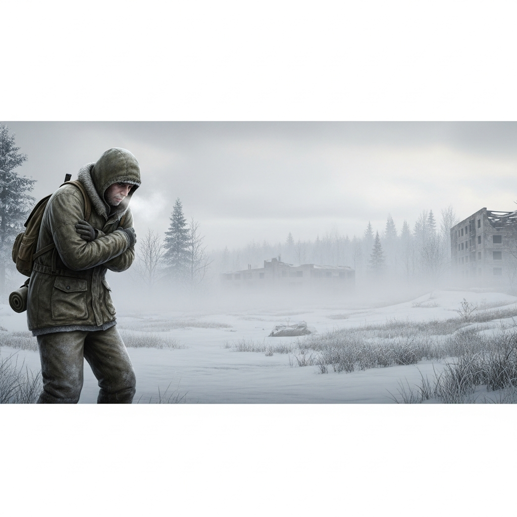 Fotorealistischer Screenshot eines DayZ-Spielers in verschneiter Landschaft, erschöpft und frierend, mit minimaler Ausrüstung und sichtbarem Atem in der kalten Luft, düstere Winteratmosphäre mit Nebel und verlassenen Gebäuden im Hintergrund