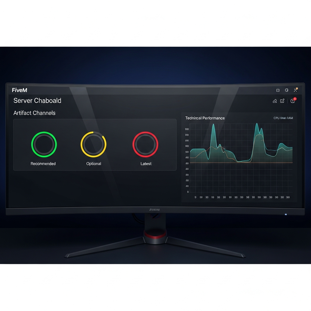 Fotorealistischer Screenshot eines FiveM-Server-Dashboards auf einem modernen Gaming-Monitor, das die drei Artefakt-Kanäle Recommended, Optional und Latest mit grünen, gelben und roten Status-Indikatoren zeigt, daneben ein technisches Performance-Diagramm mit CPU- und RAM-Auslastung auf dunklem UI-Hintergrund