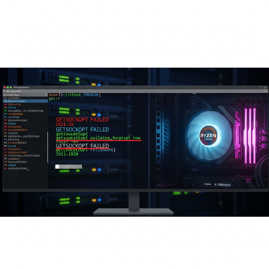 Fotorealistischer Screenshot eines Linux-Terminals auf einem modernen Monitor, der farbig hervorgehobene Log-Einträge mit "getsockopt failed" zeigt, im Hintergrund ein dunkles Serverraum-Ambiente mit blinkenden Netzwerk-LEDs und einem Ryzen 9 7950X3D CPU-Cooler