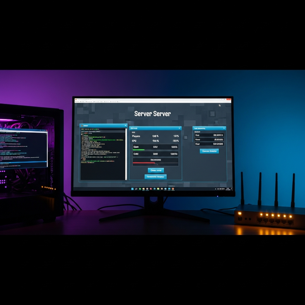 Fotorealistischer Screenshot eines einfachen Minecraft-Server-Dashboards auf einem Monitor, im Hintergrund ein Desktop-PC mit aktivem Java-Prozess und Router mit leuchtenden LEDs für Netzwerkverbindung