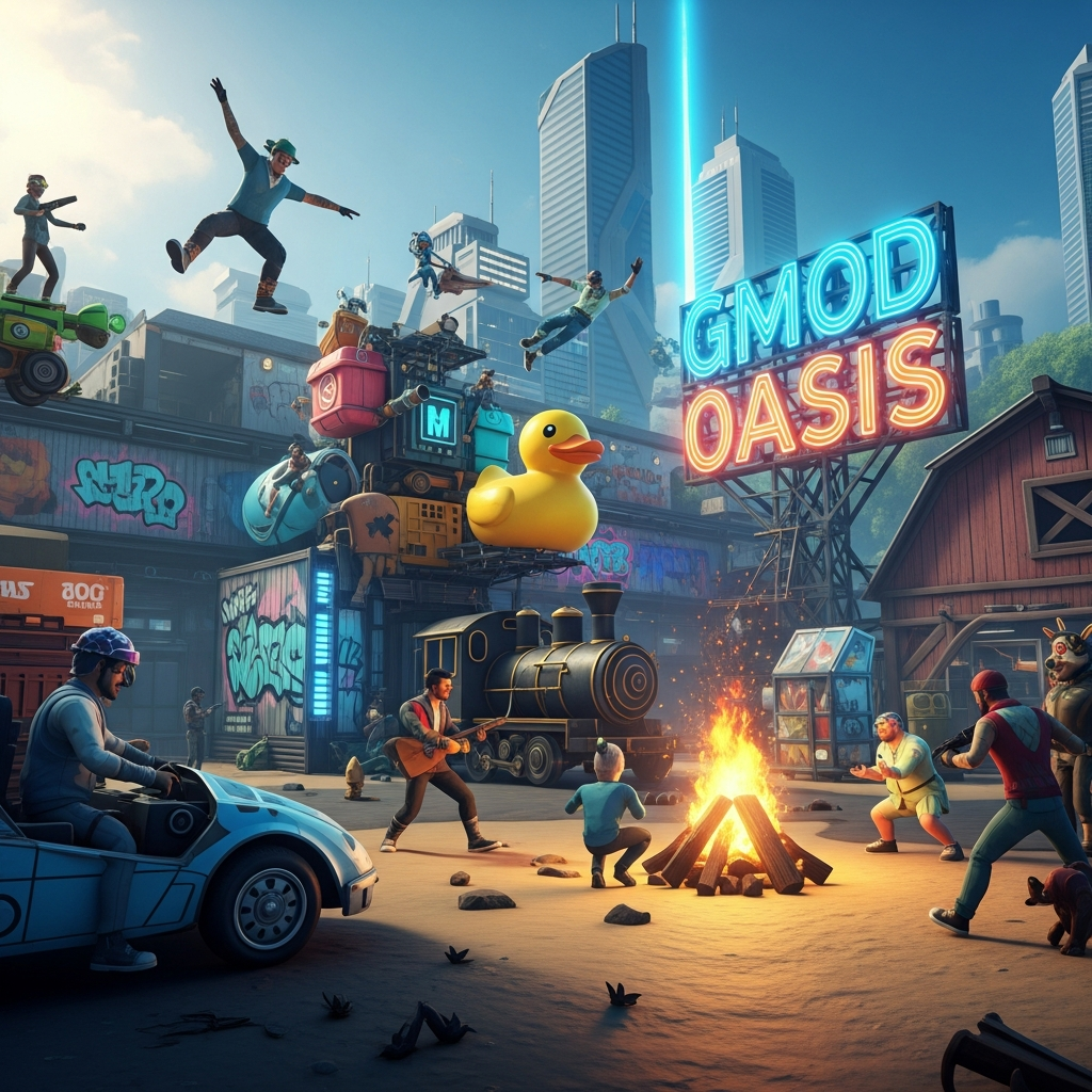 Fotorealistischer Screenshot eines farbenfrohen Garry's Mod Spielbildschirms mit Workshop-Addons, verschiedene Props und Custom-Content, mehrere Spieler-Charaktere in einer detaillierten Map, lebendige Community-Server-Atmosphäre