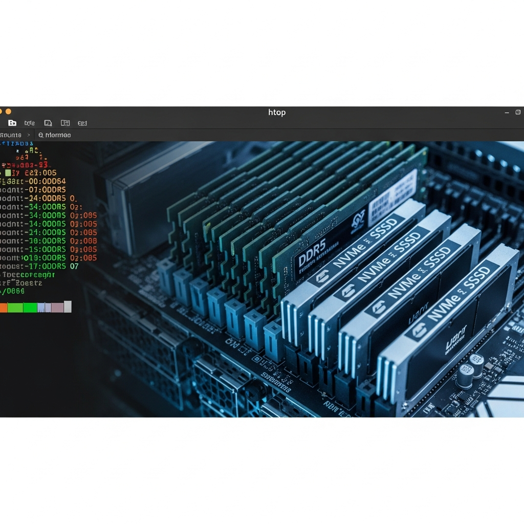 Fotorealistischer Screenshot eines modernen Linux-Terminals mit htop-Anzeige auf einem Server-Dashboard, im Hintergrund sichtbar Hardware-Komponenten wie DDR5-RAM-Riegel und NVMe-SSDs, professionelle Serverraum-Beleuchtung