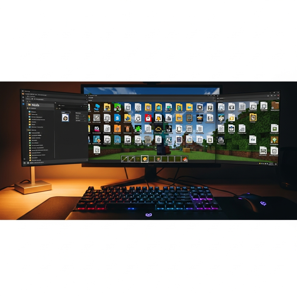 Fotorealistischer Screenshot eines modernen Minecraft-Setups mit geöffnetem Mods-Ordner auf einem Desktop, im Hintergrund läuft Minecraft mit installierten Mods, leuchtende Icons und Mod-Dateien sind sichtbar, Gaming-Tastatur und Maus im Vordergrund, warmes Licht einer Schreibtischlampe