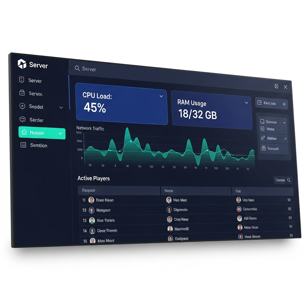 Fotorealistischer Screenshot eines modernen Server-Panels auf einem 4K-Monitor, das eine DayZ-Server-Konfiguration zeigt mit CPU-Last bei 45%, RAM-Auslastung bei 18/32 GB, Netzwerk-Traffic-Diagramm und einer Liste von 15 aktiven Spielern, dunkles UI-Design mit blau-grünen Akzenten