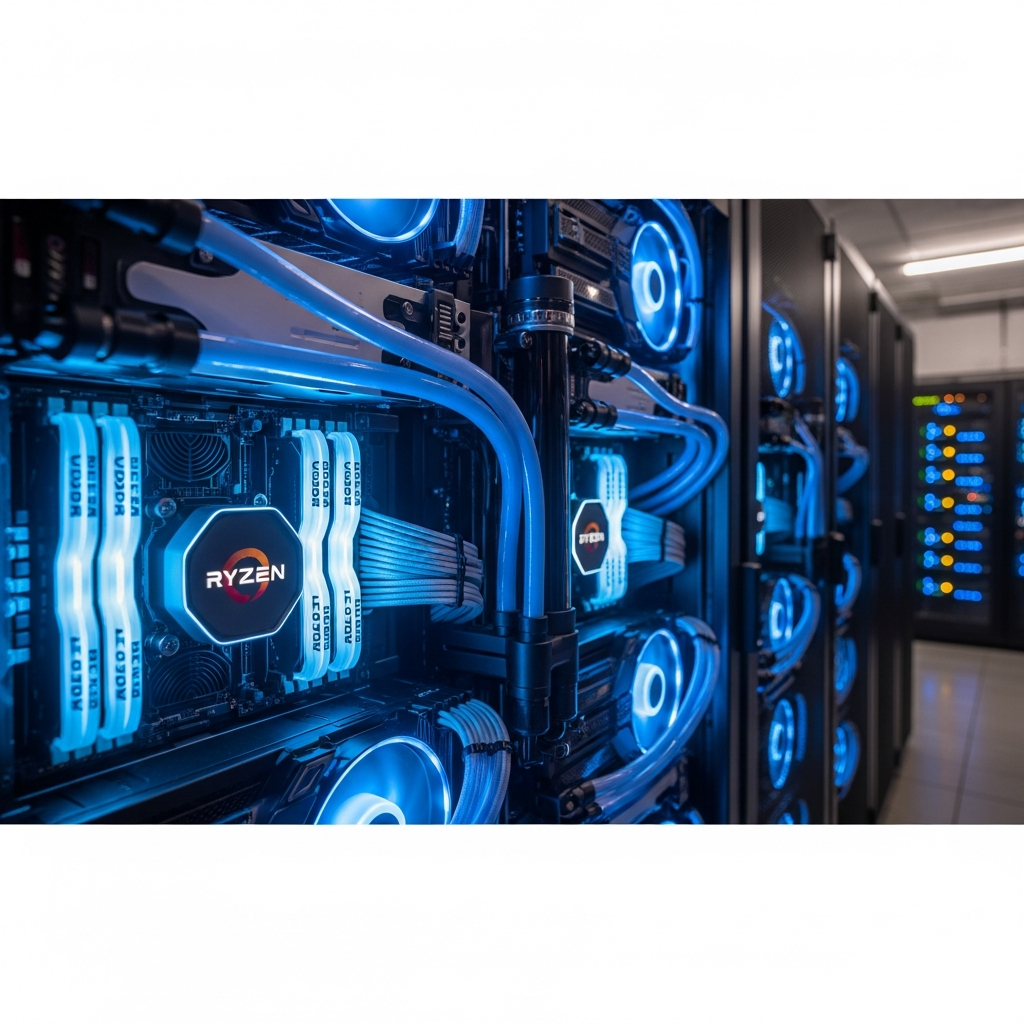 Fotorealistischer Screenshot eines modernen Server-Racks mit leuchtenden AMD Ryzen 9 Prozessoren und DDR5 RAM-Modulen in einem professionellen Rechenzentrum, blaue LED-Beleuchtung, Nahaufnahme der Kühlsysteme