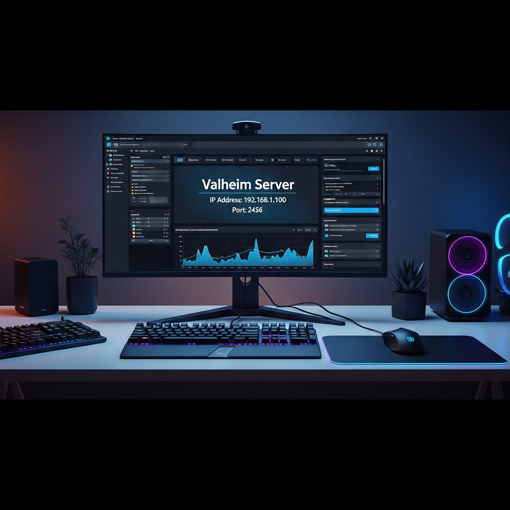 Fotorealistischer Screenshot eines modernen Server-Verwaltungspanels auf einem Monitor, der die Valheim Server IP-Adresse und Port-Konfiguration prominent anzeigt, umgeben von dunkel gestalteter Gaming-Peripherie auf einem Schreibtisch