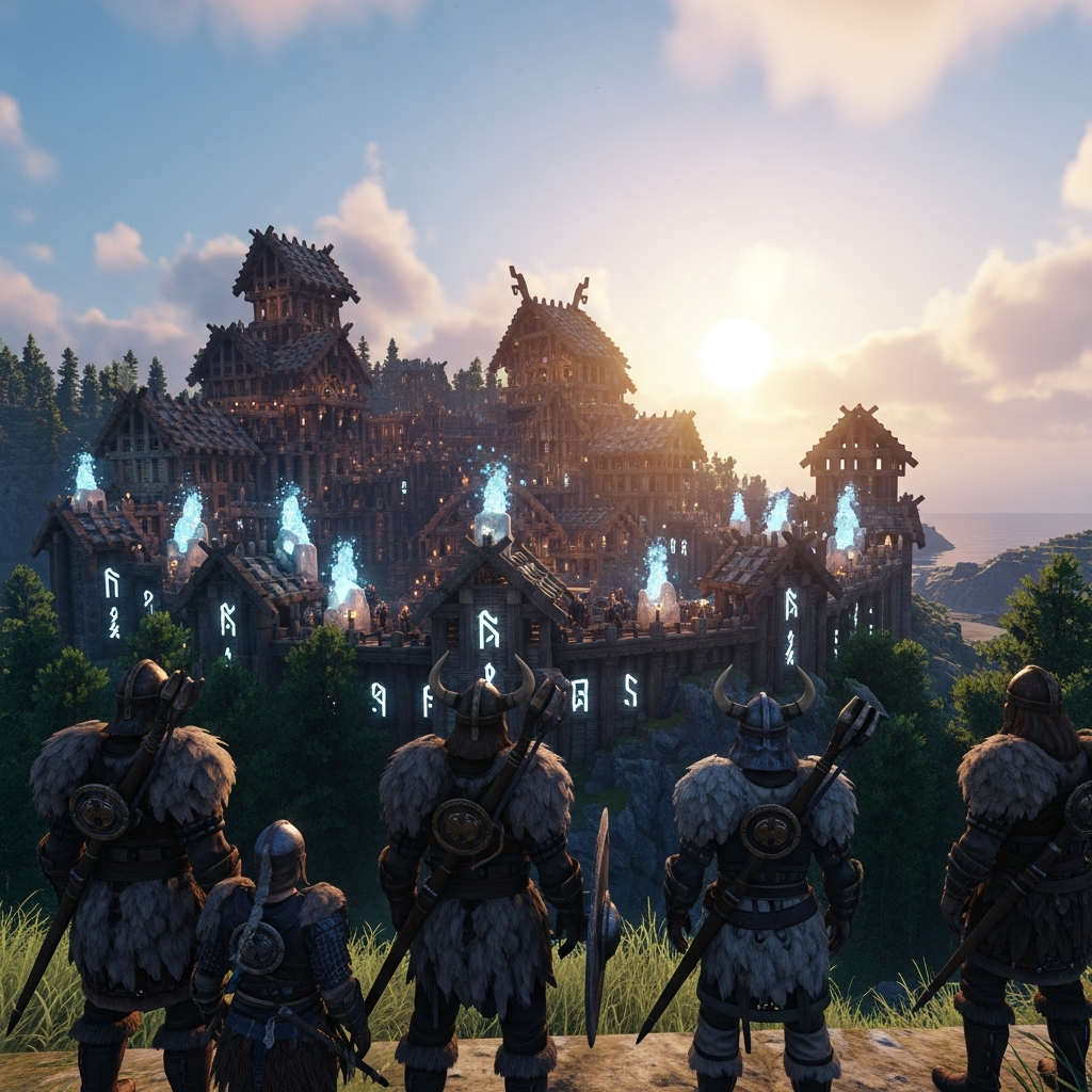 Fotorealistischer Screenshot eines modifizierten Valheim-Servers mit erweiterten Baustrukturen, leuchtenden Runenstein-Dekorationen und mehreren Spielercharakteren in custom Rüstungen vor einer imposanten Wikinger-Festung bei Sonnenuntergang
