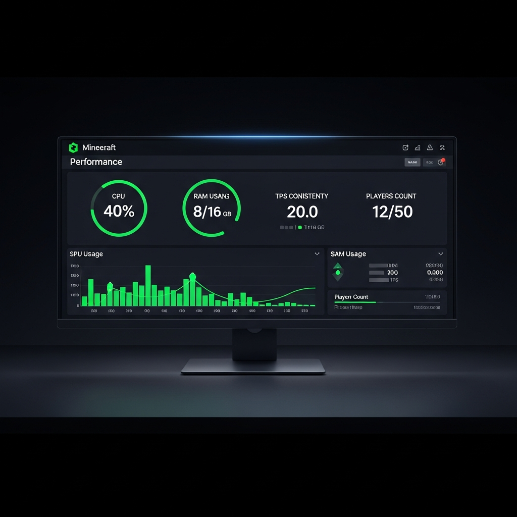 Fotorealistischer Screenshot eines professionellen Minecraft-Server-Dashboards mit Performance-Metriken: CPU-Auslastung bei 40%, RAM-Nutzung 8/16 GB, TPS konstant bei 20.0, Spieleranzahl 12/50, im modernen dunklen UI-Design mit grünen Statusanzeigen