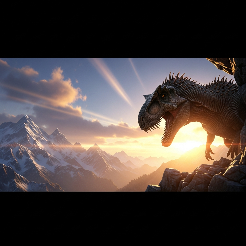 Fotorealistischer Screenshot eines wilden Giganotosaurus in ARK, der in einer Berglandschaft mit Schnee und Felsen spawnt, dramatisches Licht bei Sonnenuntergang, hochauflösende Texturen