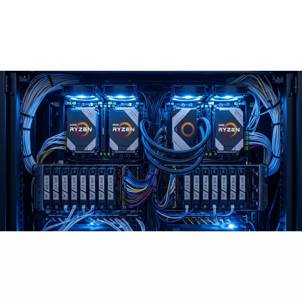 Fotorealistischer Server-Rack mit AMD Ryzen 9 7950X3D Prozessor, DDR5 ECC RAM-Modulen und NVMe SSDs in einem professionellen Rechenzentrum, beleuchtet durch kühles blaues LED-Licht, detaillierte Kabelführung und Luftkühlung sichtbar