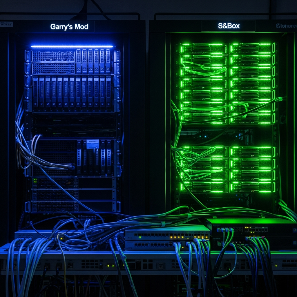 Fotorealistischer Vergleich zweier moderner Server-Racks in einem professionellen Rechenzentrum, links ein älterer Server mit klassischen HDD-Festplatten und blauem LED-Licht für Garry's Mod, rechts ein hochmoderner Server mit leuchtenden NVMe-SSDs und grünem Licht für S&Box, im Vordergrund Kabel und Netzwerk-Switches, dramatische Beleuchtung mit Tiefenschärfe