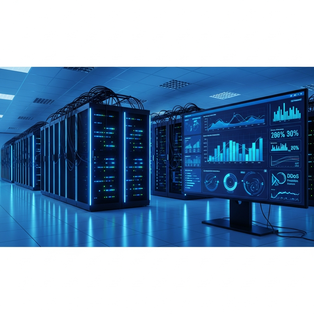 Fotorealistisches Bild eines hochmodernen Serverraums mit glasklarer Perspektive auf mehrere schwarze Server-Towers mit leuchtenden Status-LEDs, im Vordergrund ein großer Monitor der Netzwerk-Traffic und DDoS-Schutz-Statistiken in Echtzeit anzeigt, kühles blaues Licht mit Spiegelungen auf dem polierten Boden, professionelle Datacenter-Atmosphäre