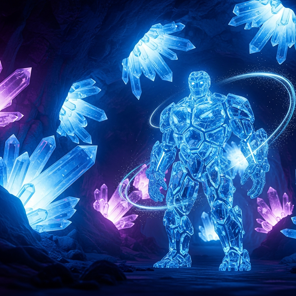 Fotorealistisches Bild eines kristallinen Golems in einer leuchtenden Höhle, transparent-blaue Kristallstruktur als Körper, schwebende Partikeleffekte, epische Beleuchtung von den umgebenden Kristallen