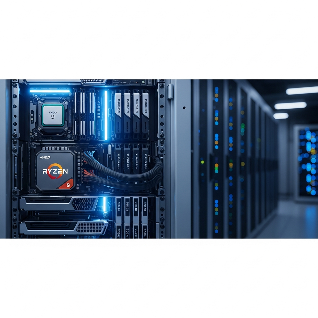 Fotorealistisches Bild eines modernen Server-Racks mit beleuchtetem AMD Ryzen 9 Prozessor, DDR5 RAM-Modulen und NVMe SSDs in einem professionellen Rechenzentrum, scharfe Details und kühle LED-Beleuchtung
