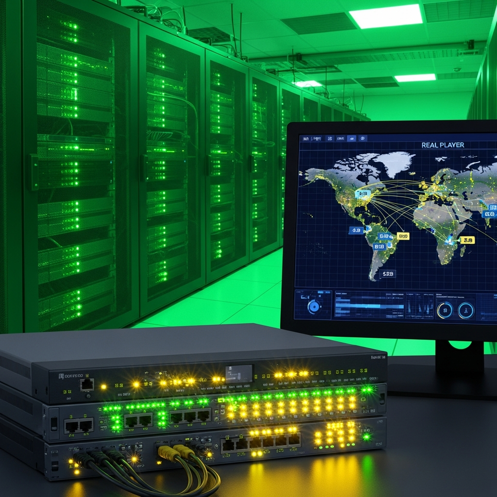 Fotorealistisches Rechenzentrum mit grün leuchtenden Server-Racks, im Vordergrund ein Netzwerk-Switch mit blinkenden LEDs, auf einem Monitor wird eine Live-Karte mit weltweiten Spieler-Verbindungen und Latenz-Werten angezeigt