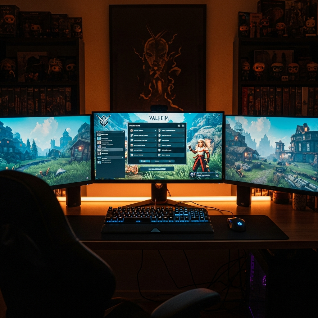 Gemütlicher Gaming-Raum mit drei Monitoren auf einem Schreibtisch, auf dem mittleren Bildschirm ist Valheim mit der Server-Auswahl geöffnet, warmes LED-Licht beleuchtet Tastatur und Maus, im Hintergrund Regale mit Gaming-Merchandise