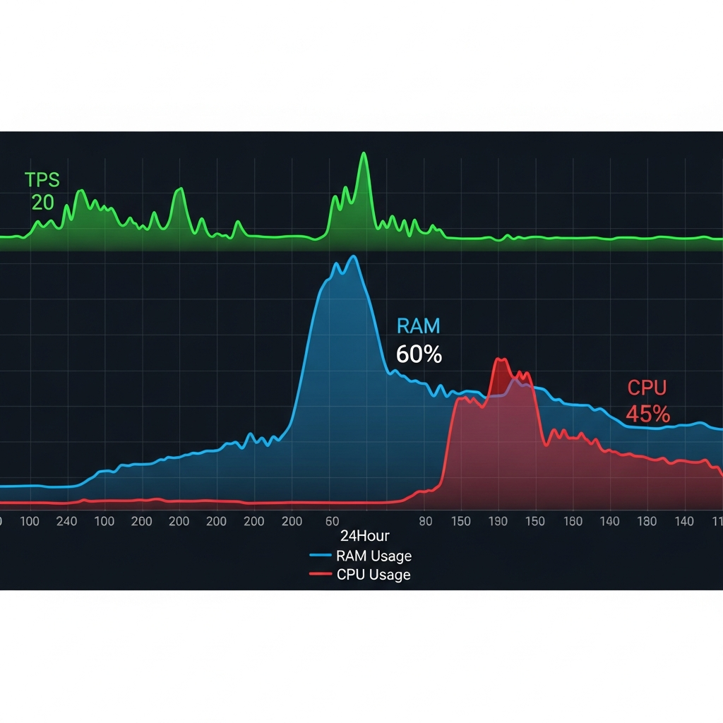Graphique de monitoring de serveur Minecraft affichant courbes TPS en vert stable à 20, utilisation RAM en bleu à 60%, usage CPU en rouge à 45%, avec timeline de 24 heures, design technique et précis sur fond sombre