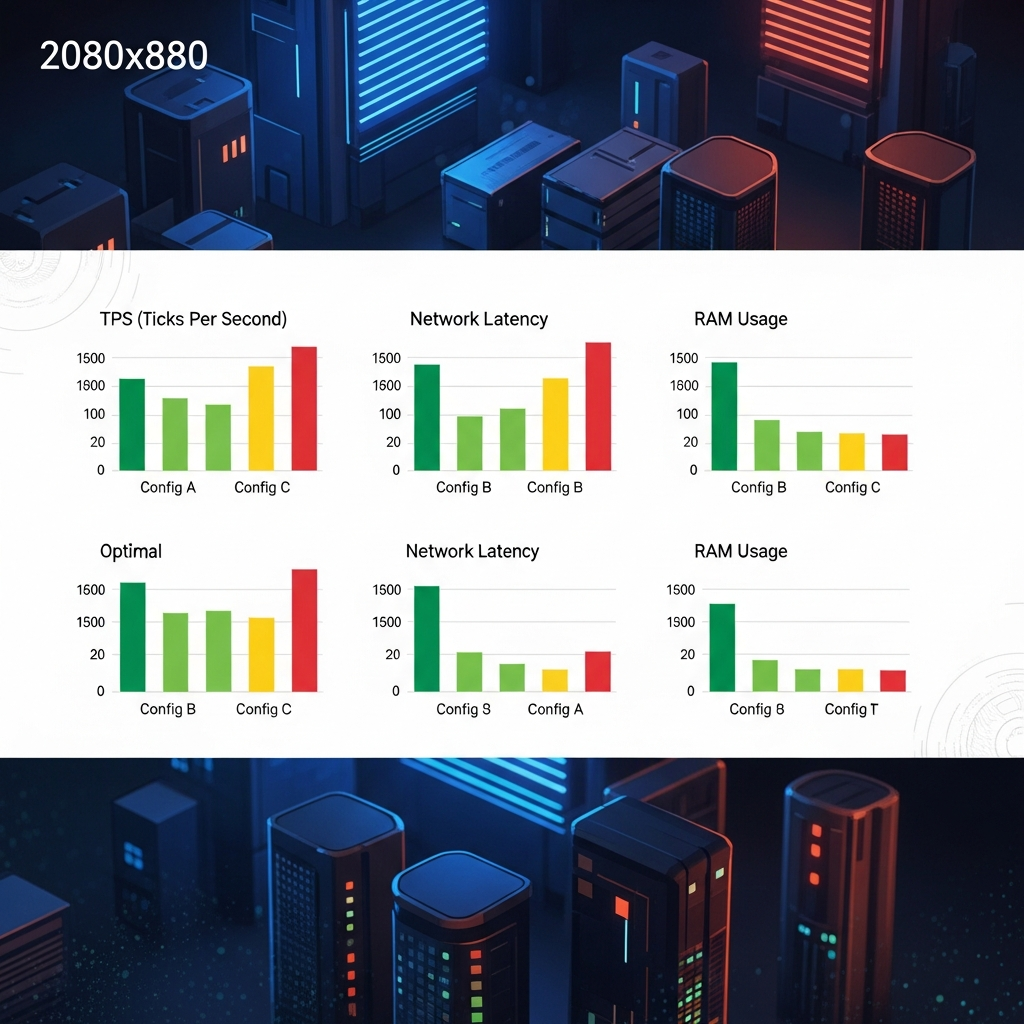 Gráfico de comparación de rendimiento mostrando barras con TPS (ticks por segundo), latencia de red y uso de RAM en diferentes configuraciones de servidor, con anotaciones técnicas y código de colores verde-amarillo-rojo