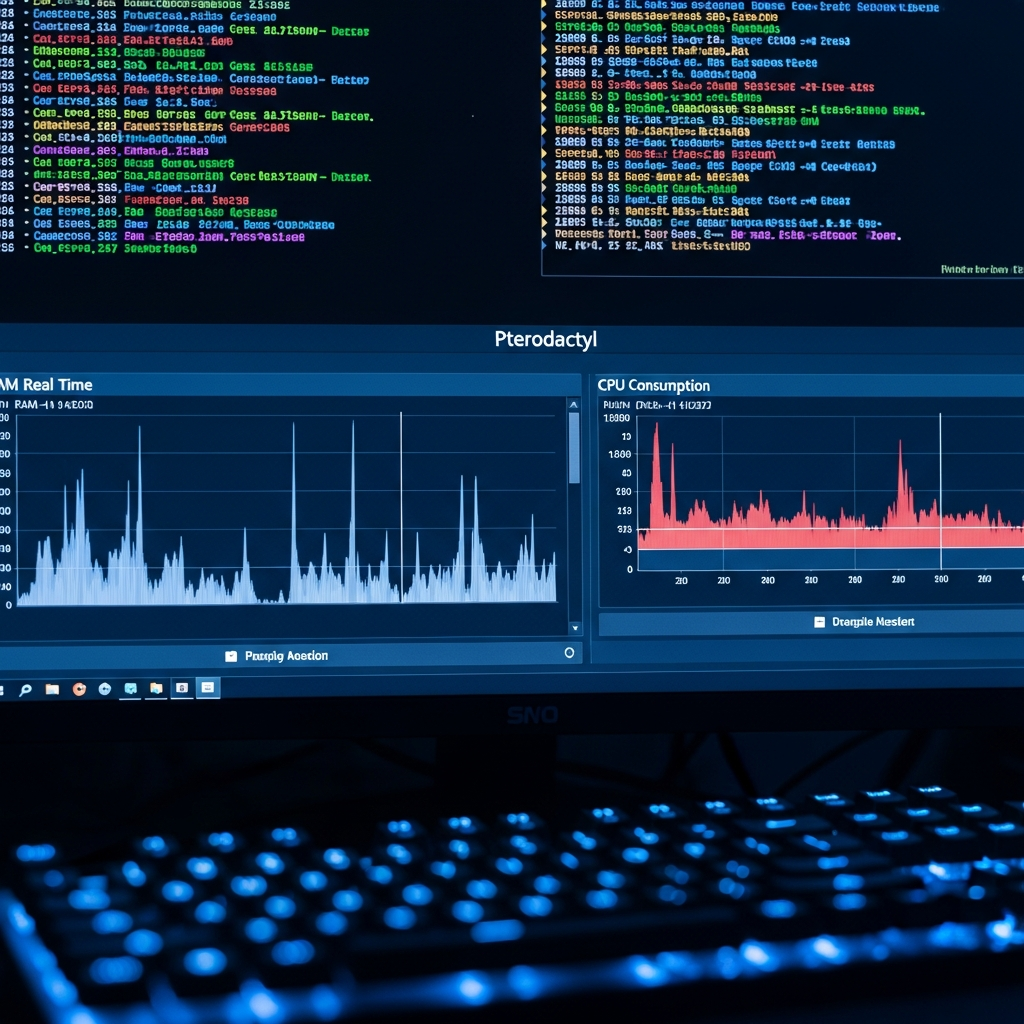Gros plan photoréaliste d'un écran affichant le panel Pterodactyl avec graphiques de consommation RAM et CPU en temps réel, terminal de console Minecraft en arrière-plan montant des logs colorés, clavier gaming RGB flou au premier plan, éclairage tamisé bleuté
