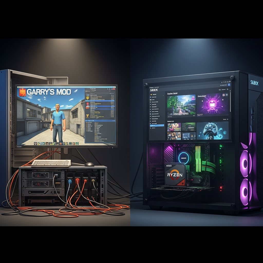 High-fidelity photorealistic 3D render comparing two gaming servers side by side, left server showing older hardware with Garry's Mod interface on screen, right server displaying modern AMD Ryzen processor with S&Box dashboard, dramatic lighting emphasizing technological evolution, 8K detail