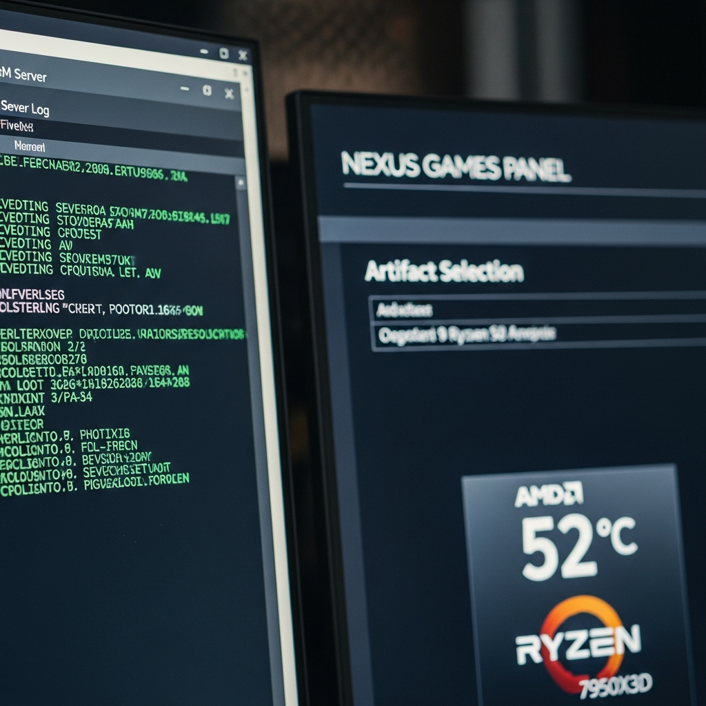 Hochauflösende Nahaufnahme eines Server-Rack-Monitors, der ein FiveM-Server-Konsole-Fenster mit grün scrollendem Boot-Log zeigt, im Hintergrund verschwommen die Nexus Games Panel-Oberfläche mit Artefakt-Auswahlmenü und AMD Ryzen 9 7950X3D Temperatur-Anzeige bei 52°C