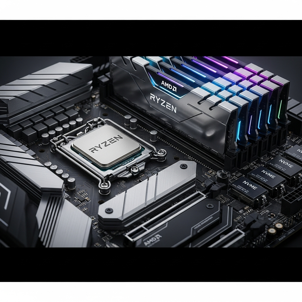 Hochauflösendes Foto eines AMD Ryzen 9 7950X3D Prozessors auf einem Server-Mainboard mit DDR5-RAM-Modulen und NVMe-M.2-SSDs, professionelle Produktfotografie mit Fokus auf die technischen Details und RGB-Beleuchtung