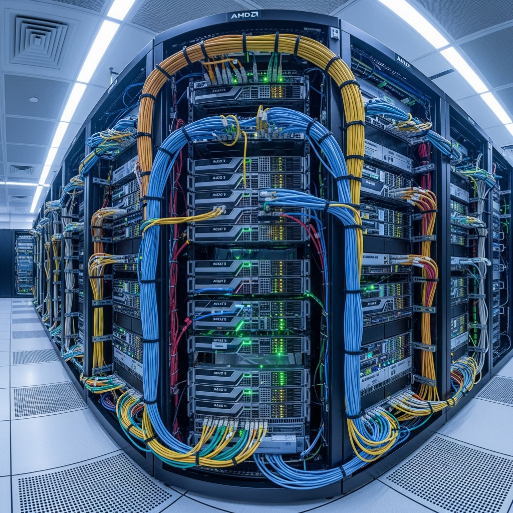 Hochleistungsserver-Rack in einem professionellen Rechenzentrum, fotorealistisch dargestellt mit AMD-Prozessoren, blinkenden Status-LEDs und strukturierter Verkabelung, modernes Gaming-Server-Hosting-Umfeld