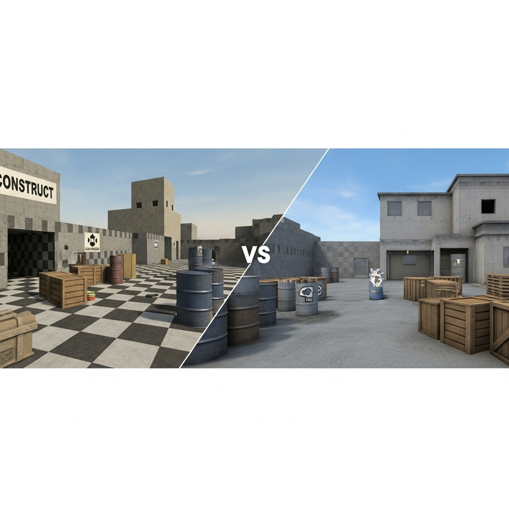 Illustration photoréaliste côte à côte montrant à gauche un environnement Garry's Mod typique en graphismes Source 1 (textures basse résolution, éclairage plat) et à droite le même type de scène dans S&Box avec Source 2 (éclairage dynamique, textures PBR 4K, reflets réalistes), sans interface utilisateur