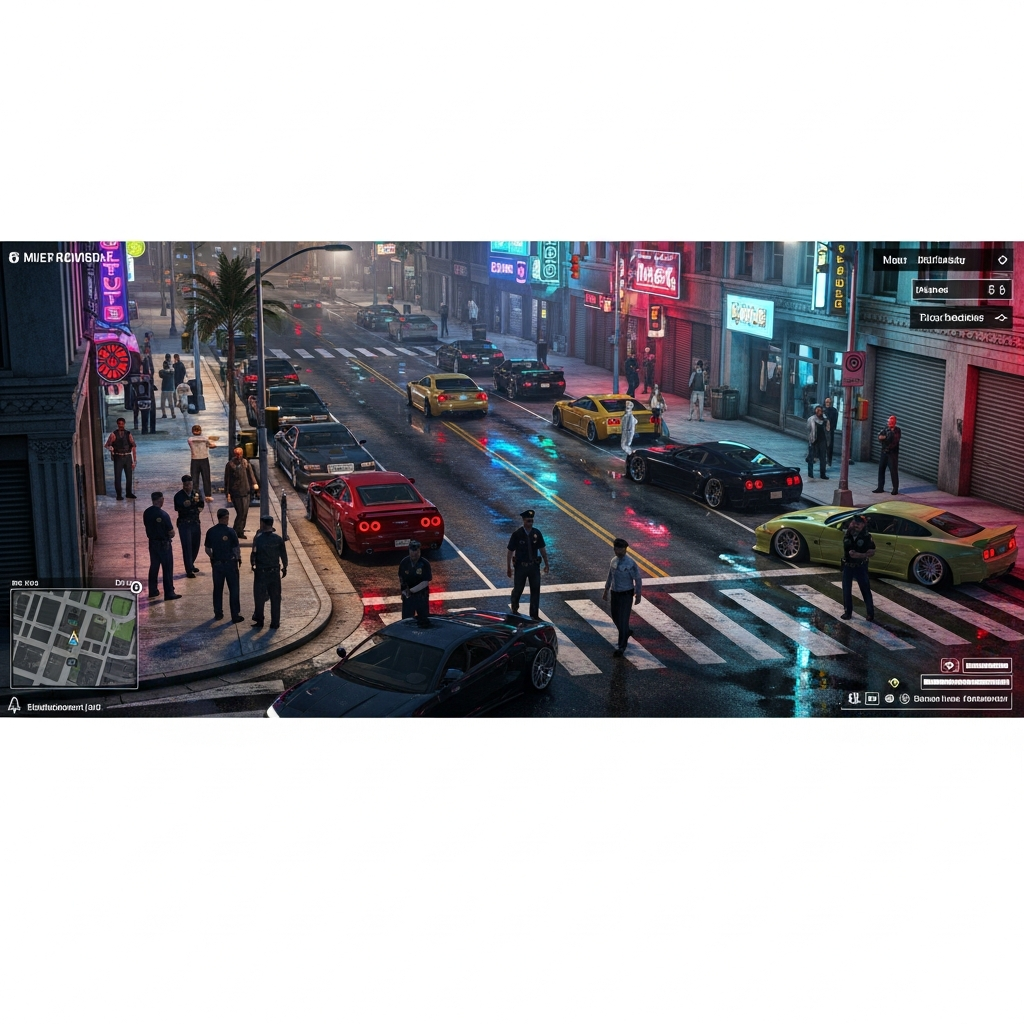 Ilustración fotorrealista de una ciudad roleplay FiveM en alta calidad gráfica, con calles detalladas, vehículos personalizados estacionados, iluminación volumétrica nocturna, jugadores en uniformes policiales y civiles interactuando, y elementos de UI del servidor visibles en pantalla