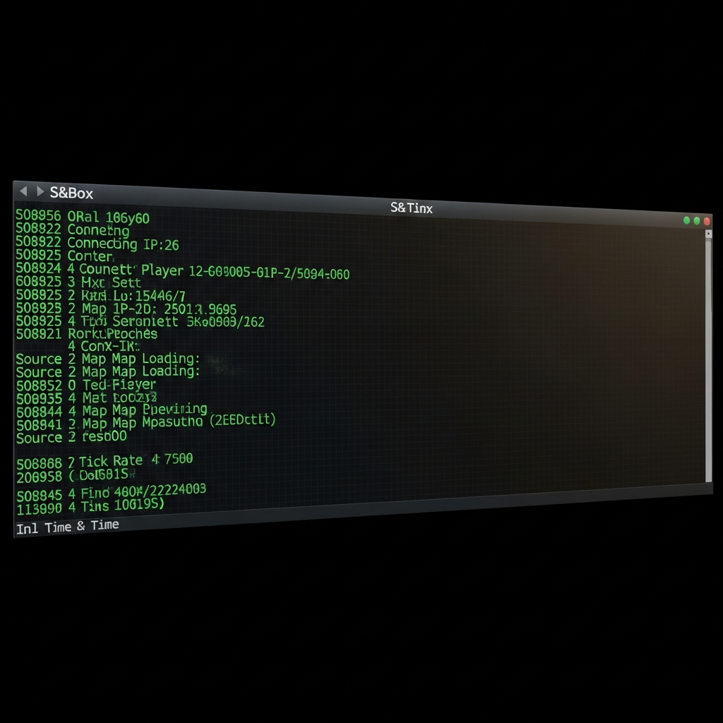Imagen fotorrealista de la consola de servidor S&Box activa en una terminal Linux, mostrando logs en tiempo real con marcas de tiempo, direcciones IP de jugadores conectándose, mensajes de carga de mapas en Source 2 y métricas de tick rate, fondo oscuro estilo hacker con tipografía verde fosforescente