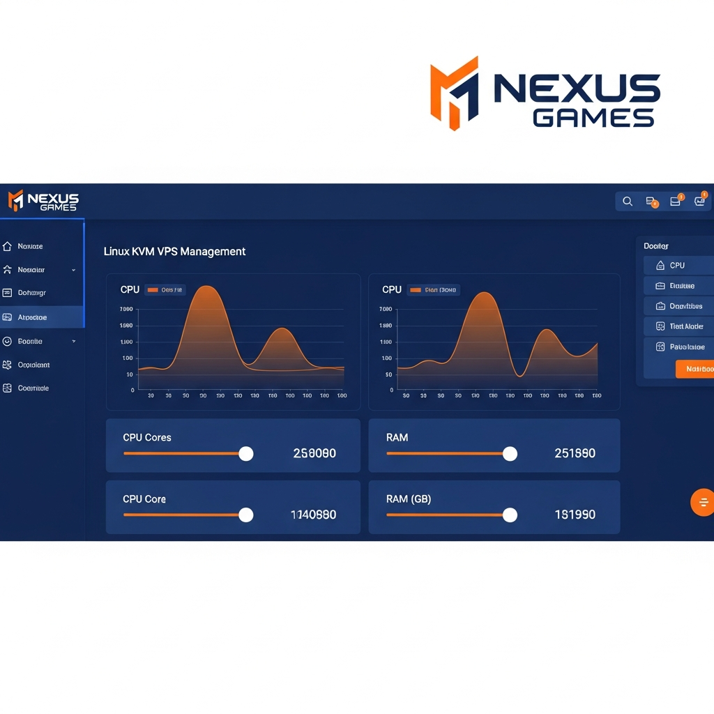 Imagen fotorrealista de la interfaz web del Panel Nexus Games mostrando la sección de gestión de VPS Linux KVM, con gráficos de uso de CPU y RAM en tiempo real, sliders de asignación de recursos, y el logo de Nexus Games en la esquina superior, todo sobre un diseño moderno con tonos azul oscuro y naranja