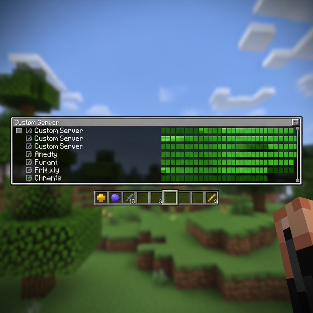 Imagen fotorrealista de la pantalla de Minecraft Java Edition mostrando la lista de servidores multijugador con un servidor personalizado añadido, barras de latencia verdes y la interfaz característica del juego con fondo difuminado de un mundo de Minecraft