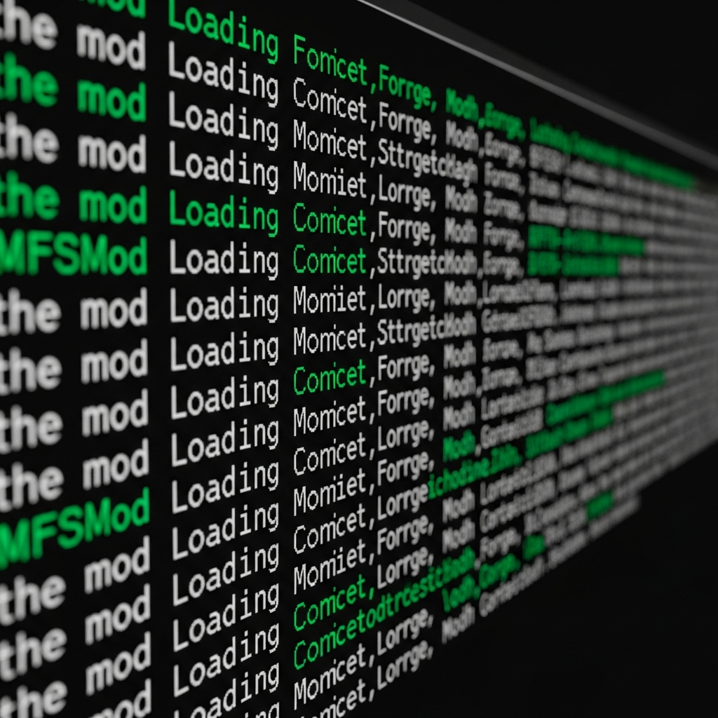 Imagen fotorrealista de una consola de servidor de Minecraft mostrando logs de carga exitosa de mods con Forge, con líneas de texto verdes y blancas indicando "Loading mod" y versiones, en un fondo oscuro típico de terminal