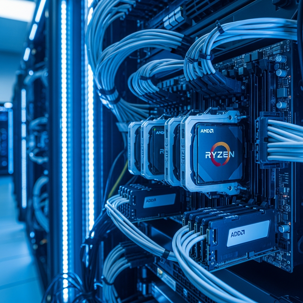Imagen fotorrealista de un rack de servidores moderno en un datacenter profesional, con luces LED azules, cables ordenados, y primeros planos de procesadores AMD Ryzen y módulos RAM DDR5, en un ambiente limpio y tecnológico con iluminación fría