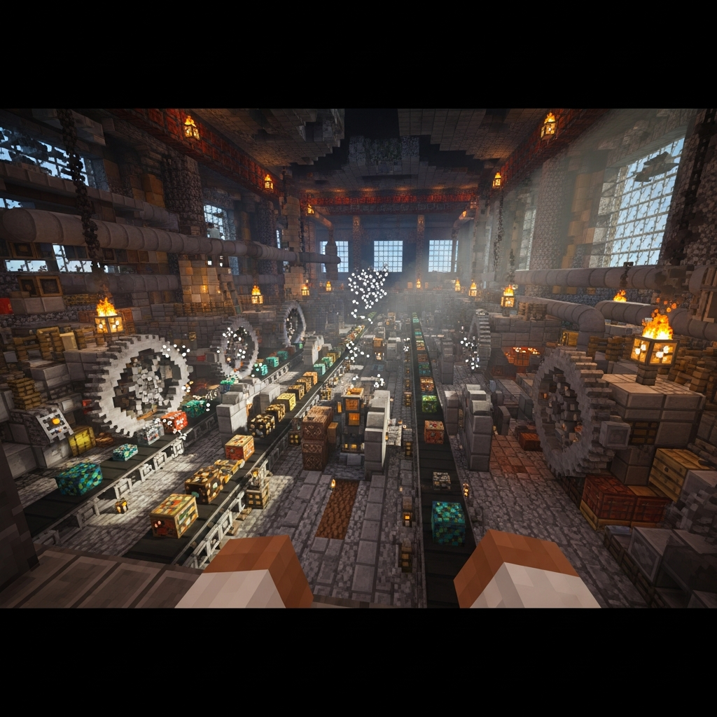 Imagen fotorrealista en primera persona dentro de Minecraft mostrando una fábrica industrial compleja construida con el mod Create, con múltiples cintas transportadoras en movimiento, engranajes girando, máquinas procesando minerales, tubos conectados, todo iluminado dramáticamente con antorchas y luz natural entrando por ventanas, estilo hiperrealista con texturas detalladas