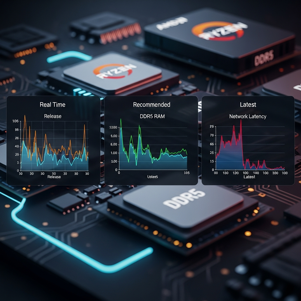 Infografía técnica fotorrealista comparando tres servidores FiveM corriendo simultáneamente en el mismo hardware AMD Ryzen 9 7950X3D, cada uno con una rama diferente de artifact (Release, Recommended, Latest), mostrando gráficos de rendimiento, uso de RAM DDR5 y latencia de red en tiempo real