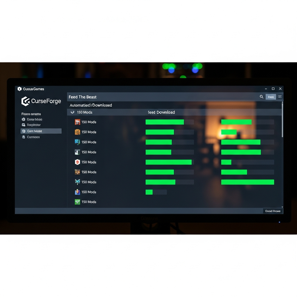Instalación de modpack Feed The Beast en servidor Minecraft, mostrando lista de 150 mods siendo descargados automáticamente con barras de progreso verdes, interfaz del panel Nexus Games con logo de CurseForge visible